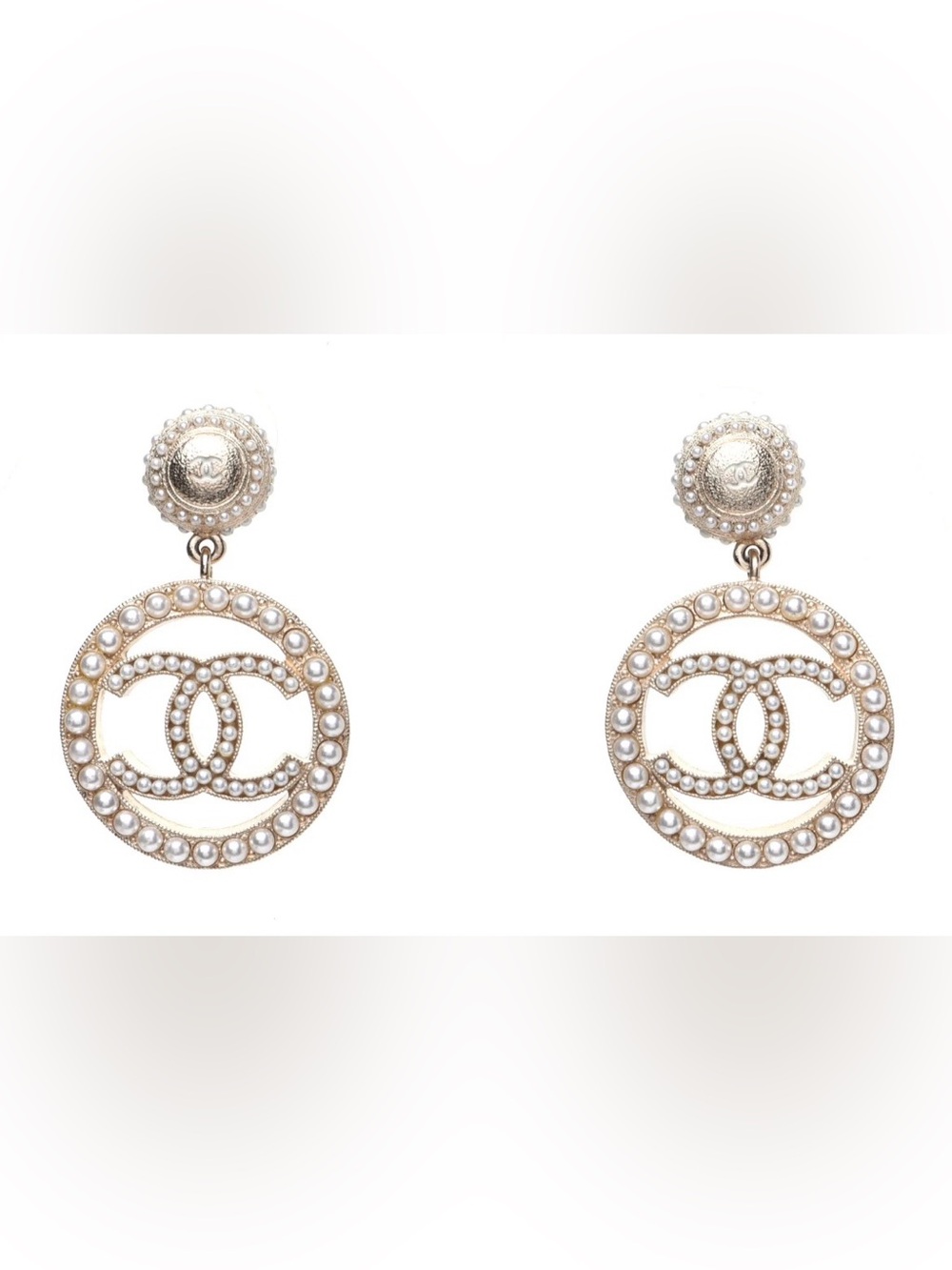 ChaneI. Pearl Drop Logo Earrings in Light Gold-Tone